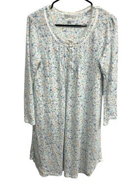 Miss Elaine Floral Print Long Sleeve Nightgown Lace Button Accents Sz Small